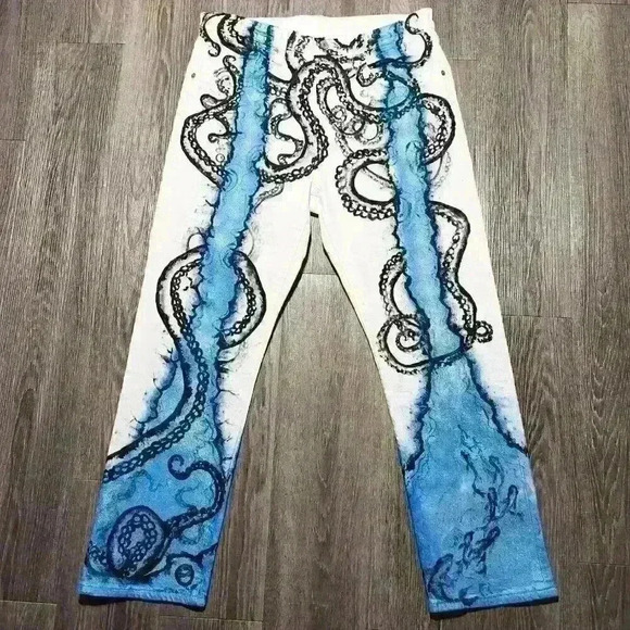 Unique colorful hand-painted artsy jeans size 32 with octopus design - Picture 1 of 14